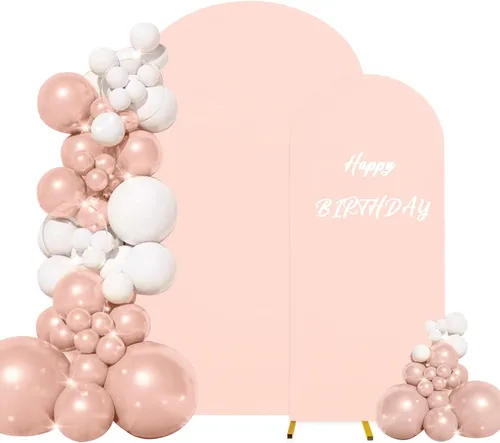 Miniatura 21 de Juego de 2 fundas para arco de boda de 2 lados, parte superior redonda de spandex, funda ajustada para telón de fondo de arco para fiesta de Beige