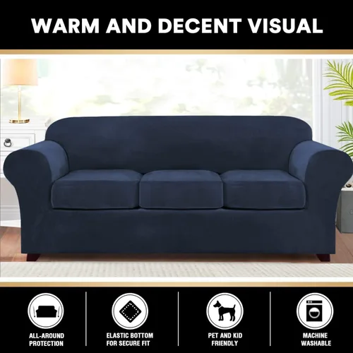 Miniatura 6 de PrinceDeco - 4 fundas de terciopelo para sofá de 3 cojines, protector suave de muebles con parte inferior elástica antideslizante, fundas de sofá
