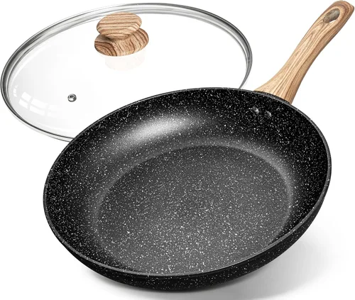 MICHELANGELO Sartenes antiadherentes – Sartén antiadherente de 12 pulgadas con tapa de vidrio, sartén grande de piedra con mango ergonómico, Granito