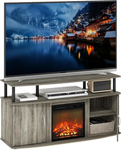 Miniatura 32 de Furinno Soporte clásico de TV de 70 pulgadas con chimenea, roble francés gris gris roble francés
