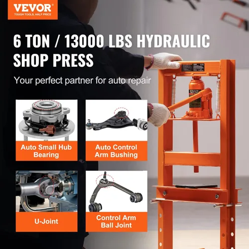 Miniatura 2 de VEVOR, prensa hidráulica de taller, 6 toneladas/13000 libras, estructura en H, altura ajustable en 4 posiciones, con placas móviles
