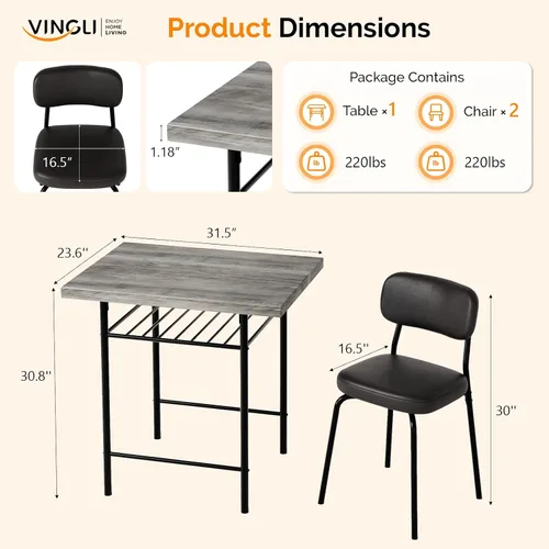 Miniatura 2 de VINGLI Dining Table Set for 2, Small Kitchen Table Set with Upholstered Chairs, 3-Piece Dining Set with Storage Rack, Wood Dining Room Set with