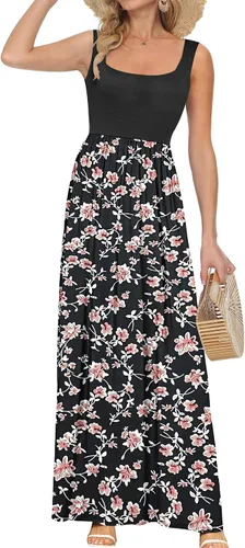 Miniatura 26 de AUSELILY Vestido largo con cuello cuadrado para mujer, sin mangas, floral, holgado, con bolsillos