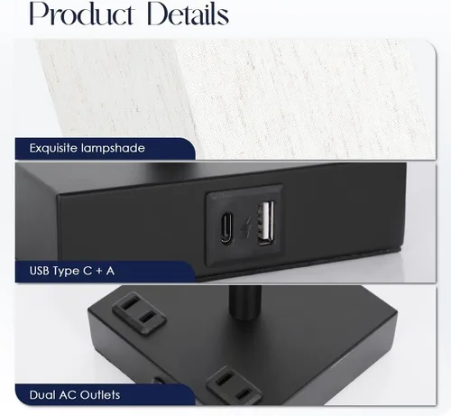 Miniatura 6 de Lámpara de mesa para dormitorio, lámpara táctil pequeña con puertos de carga USB C+A y salidas de CA, lámpara de mesita de noche regulable de 3 vías