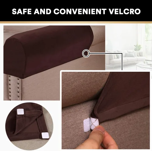 Miniatura 4 de PrinceDeco 4 Pack Thick Velvet Stretch Armrest Covers for Chairs and Sofas - Non Slip, Brown