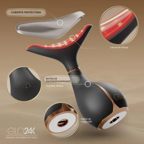 Miniatura 5 de GLO24K - Dispositivo de belleza facial y cuello con luz roja, herramienta de masajeador facial 3 en 1 con LED y vibración para revitalización