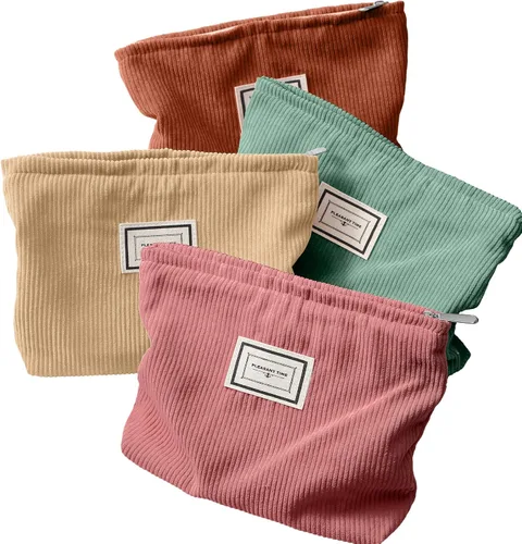 Miniatura 10 de Sanwuta Paquete de 4 bolsas de terciopelo para maquillaje, bolsa de cosméticos para mujer, bolsa de pana de gran capacidad, con cremallera, de lona