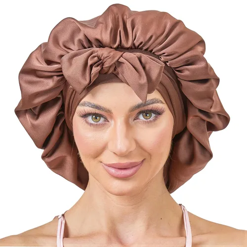 Miniatura 21 de Gorro de satén de seda con banda de amarre para dormir, para mujeres de cabello rizado: gorro de noche para cabello liso, ondulado, ensortijado, Rosa