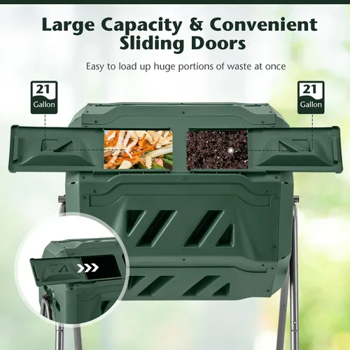 Miniatura 4 de Goplus Contenedor de compostaje de doble cámara para exteriores de 42 galones con 2 puertas corredizas, marco de metal resistente, compostador