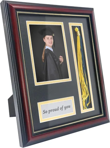 Miniatura 2 de GMFrames Marco de caja de sombra de fotos de graduación con soporte de borla para fotos de 4 x 6, vidrio real de madera maciza, doble paspartú negro