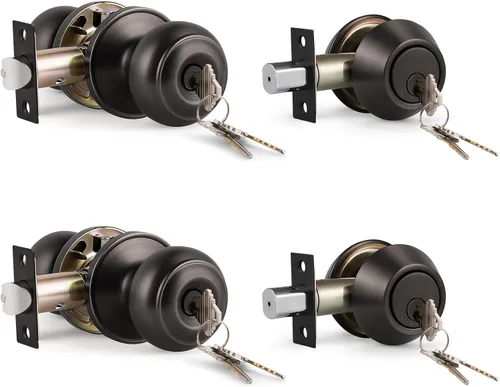 Miniatura 25 de KNOBWELL Juego de perilla de puerta y cerrojo de doble cilindro con llave, juego de cerradura de puerta exterior con cerrojo de seguridad, juego