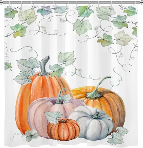Miniatura 26 de LB Cortina de ducha de flores blancas y moradas para baño, lindo pájaro y hojas de otoño sobre tela beige con ganchos, juego botánico floral