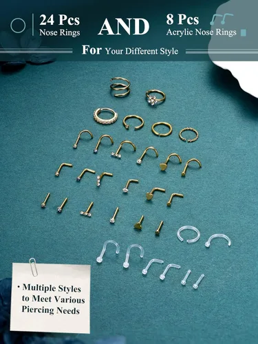 Miniatura 5 de THUNARAZ 32 anillos de nariz para mujeres y hombres – Retenedor de acero inoxidable quirúrgico hipoalergénico en forma de L transparente, recto