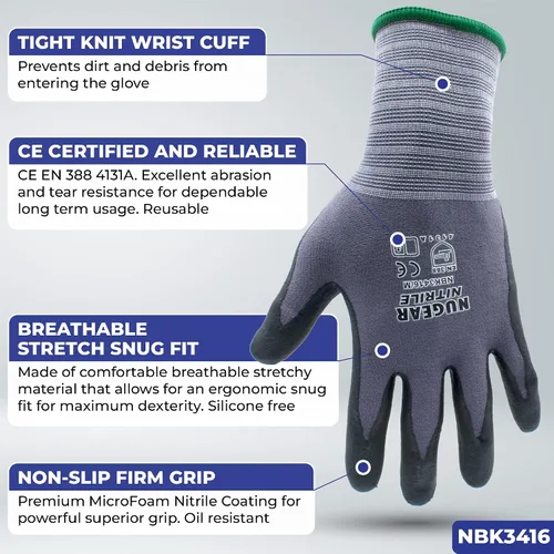 Miniatura 2 de Nugear NBK3416 - Guantes de trabajo de seguridad, 12 pares, guantes de trabajo con revestimiento de nitrilo de microespuma, guantes de nailon