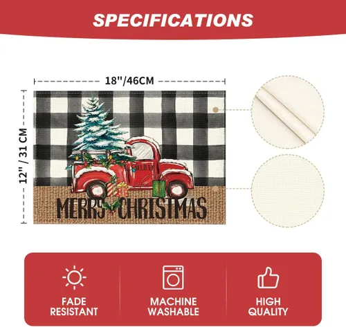 Miniatura 6 de Artoid Mode Manteles Individuales de Camión a Cuadros Buffalo Plaid Feliz Navidad Juego de 4, 12x18 Pulgadas Manteles de Mesa de Árbol de Navidad