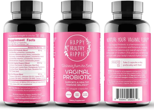 Miniatura 7 de Happy Healthy Hippie Probiótico vaginal para mujeres, equilibrio de pH, BV, olor + soporte urinario, 10 cepas probióticas, 10B UFC, arándano
