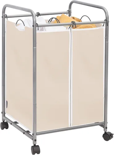 STORAGE MANIAC Clasificador de ropa sucia de 2 secciones, cesto de ropa sucia de 90 L Gal con ruedas, clasificador separador de cesta de ropa, Beige