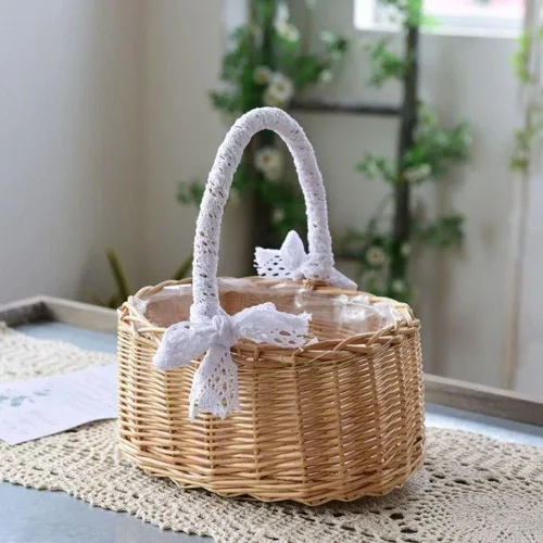Miniatura 6 de Cesta de flores de mimbre de ratán, cesta tejida a mano de sauce con asa e inserto de plástico, cesta de dulces de huevos para boda, para decoración