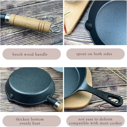 Miniatura 7 de CANDeal Mini sartén de hierro fundido con mango de madera resistente al calor, sartén para fajitas para barbacoa, tortilla, tapas y postres