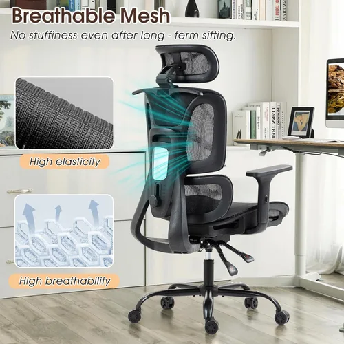 Miniatura 5 de ECOTOUGE Silla de escritorio de malla, silla de oficina ergonómica con soporte lumbar, reposacabezas ajustables y reposabrazos 3D, silla reclinable