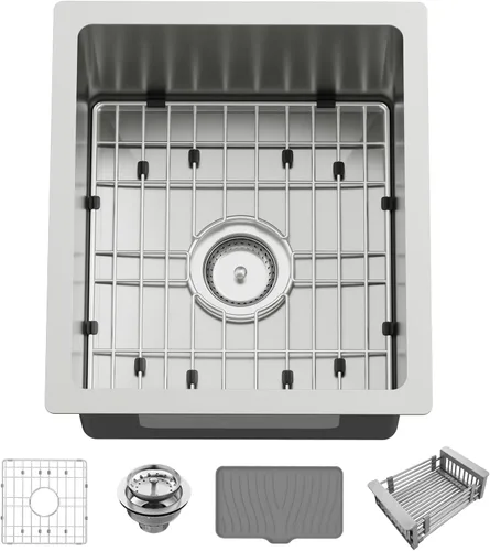 Miniatura 8 de Fregadero de cocina y bar negro de 15 x 17 pulgadas, fregadero de acero inoxidable con rejilla SS, alfombrilla de silicona, colador, colador