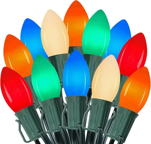 Luces de Navidad LED C9 al aire libre de 25 pies, cadena de luces C9 con 27 bombillas de color irrompibles (2 de repuesto), luces vintage para árbol