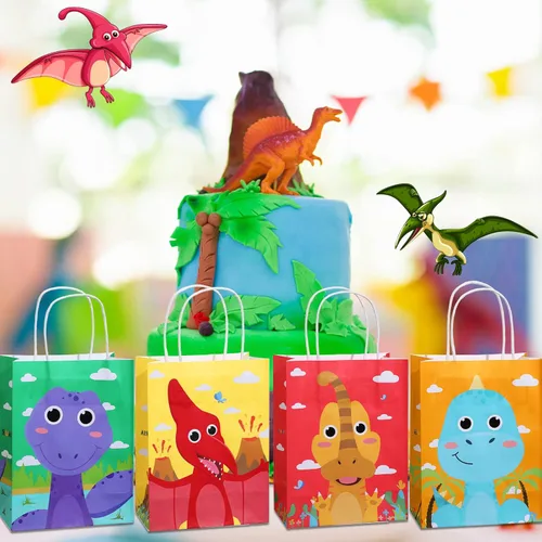 Miniatura 7 de Pajean 24 bolsas de caramelos de dinosaurio con asa, bolsas de papel de recuerdo de fiesta de dinosaurios, regalos para niños, envoltura