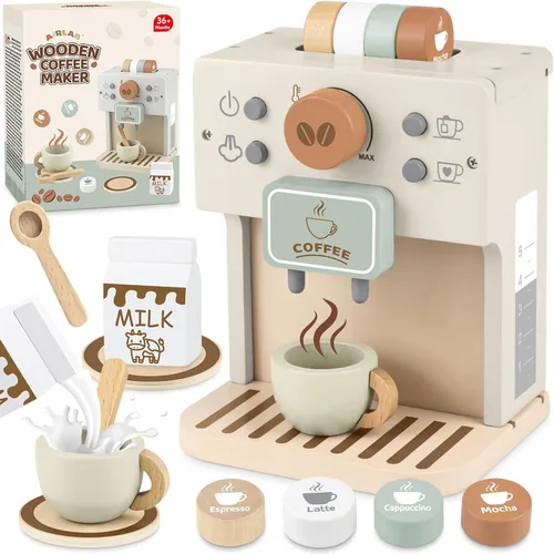 Airlab Juego de Cafetera de Juguete para Niños Accesorios de Cocina de Madera Juego de Café para Niños Pequeños de Pretensión Regalos de Cumpleaños