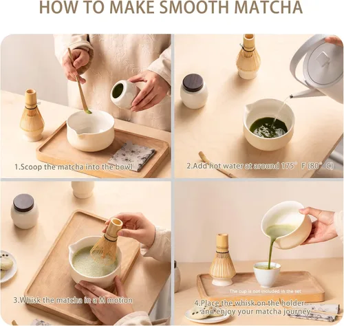 Miniatura 7 de Ochcahser Juego de té japonés, incluye cuenco de matcha con boquilla, soporte para batidor de matcha (chasen), batidor de bambú y cuchara de bambú
