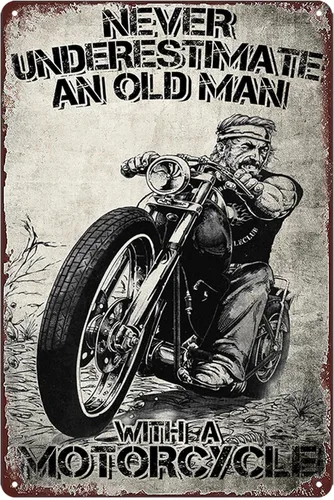 Carteles de motocicleta Ubewair Regalos de motocicleta para hombres Arte de motocicleta de metal Decoración de pared Nunca subestimes a un viejo con