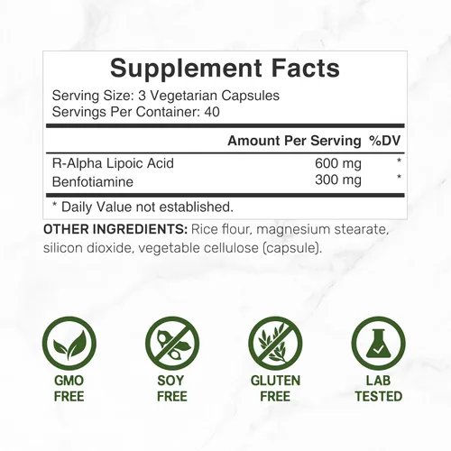Miniatura 2 de DEAL SUPPLEMENT R Ácido alfa lipoico 600 mg con benfotiamina 300 mg por porción, 120 cápsulas vegetales – 200 mg de R-ALA por cápsula – Suplemento
