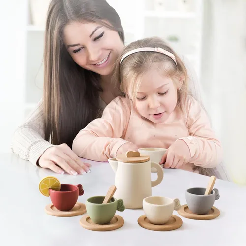 Miniatura 5 de Juego de fiesta de té para niños, juego de té de madera para niñas y niños pequeños, accesorios de cocina de juego para niños, juego de té apto