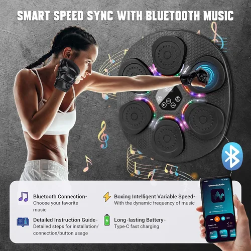 Miniatura 5 de Music Boxing Machine for Adults & Kids, Bluetooth Smart Boxing Wall Machine with Gloves, 9 Modes, 6 Speeds & 3 Sensitivity, Electric Light Up Music