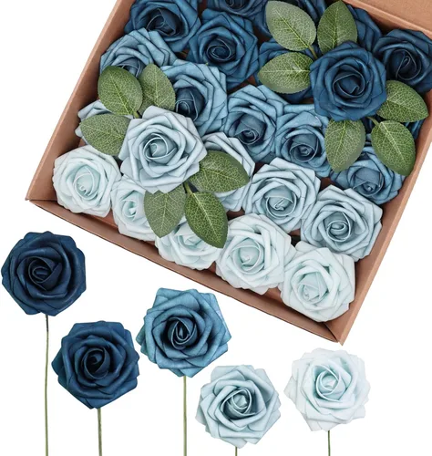 Flores artificiales, 25 rosas de espuma de aspecto real, rosas falsas con tallos para ramos de boda, centros de mesa, baby shower, fiesta,