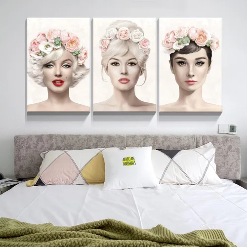 Miniatura 5 de Denozer Arte de pared en lienzo de 3 paneles con retrato de belleza de Marilyn Monroe, Audrey Hepburn y Brigitte Bardot, impresiones de cuadros