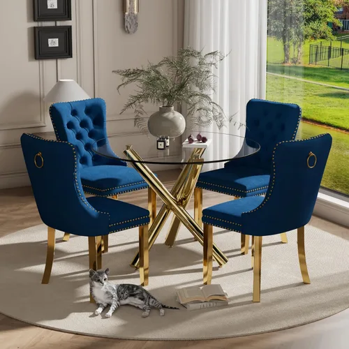 Miniatura 48 de Juego pequeño de mesa redonda con tapa de vidrio transparente para 2, 36'' Juego moderno de lujo para cenas circulares, 3 piezas Juego minimalista
