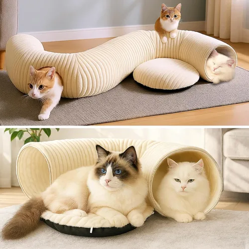 Miniatura 9 de Cama túnel para gatos con 40 juguetes para gatos, túnel de juego plegable para gatos de interior, tubo para gatos para gatitos y cachorros Blanco