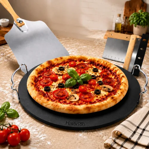 Hisencn Acero redondo para pizza de 13 pulgadas para horno y parrilla, juego de piedras de cerámica para pizza con estante, cáscara de pizza,