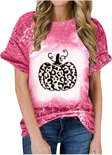 symoid Camisetas de calabaza de Halloween para mujer, teñido anudado, vintage, lindas camisetas con estampado de calabaza, manga corta, divertida,