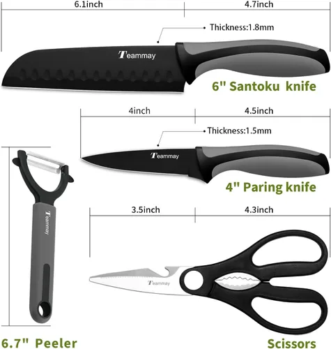 Miniatura 3 de Juego de 4 cuchillos Santoku de 6 pulgadas, cuchillo de pelar de 4 pulgadas, tijeras de cocina, pelador en Y, revestimiento antioxidante, afilado