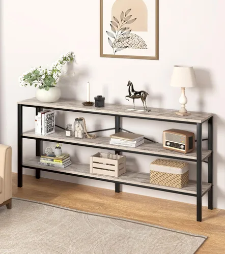 Miniatura 6 de Mesa consola industrial de 71 pulgadas detrás del sofá, mesa de sofá extra larga con estantes de almacenamiento de madera de 3 niveles, mesa de TV