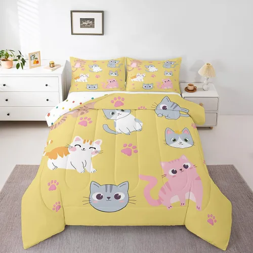Miniatura 53 de Erosebridal Juego de ropa de cama para niños, tamaño individual, diseño de gatos de dibujos animados, para niñas, niños y adolescentes, edredón