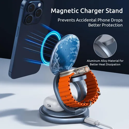 Miniatura 6 de Estación de carga inalámbrica 3 en 1 para Apple, cargador de viaje para múltiples dispositivos, aleación de aluminio plegable, cargador magnético