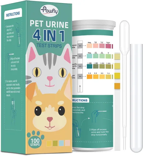 Pawfly Tiras de prueba de orina, 100 tiras, tiras de prueba de orina para mascotas, para cetona, glucosa, gravedad específica y pH, tiras de prueba