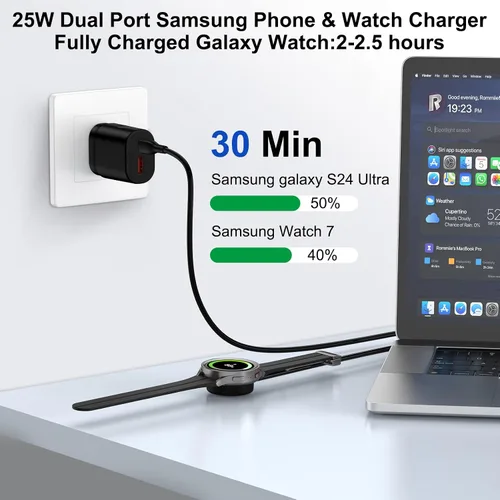 Miniatura 2 de Cargador de reloj USB C Samsung Magnético Cable de carga rápida para Galaxy Watch 8/8 Classic/7/Ultra/6/6 Classic/5 Pro/5/4/3/Active2,25W Dual USB C