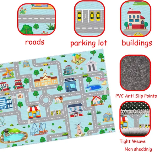 Miniatura 4 de Alfombra de coche para niños, 2 pies 7 pulgadas x 4 pies, alfombra de juego para trenes de autos de juguete, alfombra antideslizante para pista