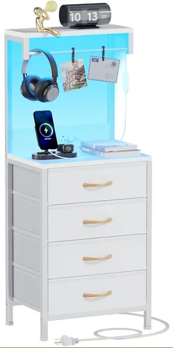 Miniatura 10 de Furnulem Mesita de noche alta con estación de carga, mesitas de noche con luces LED y estantes de almacenamiento, mesa auxiliar de cama para Roble