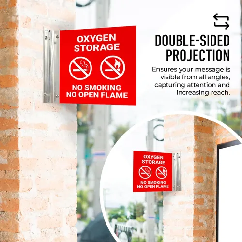 Miniatura 3 de Letrero de almacenamiento de oxígeno con texto en inglés "No Smoking No Open Flame Projecting", doble cara, 6x6 pulgadas, ACM, con accesorio