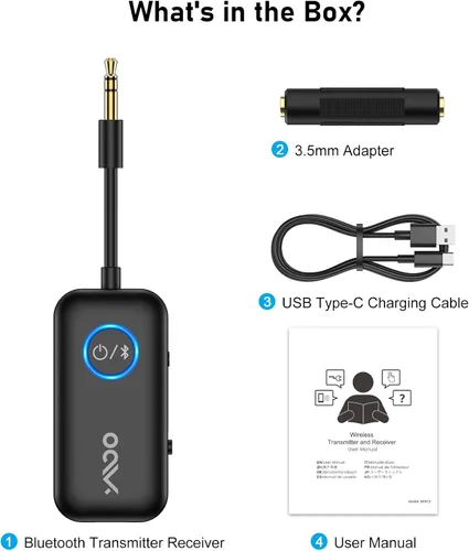 Miniatura 10 de YMOO Adaptador Bluetooth para avión B06T2 a 2 auriculares, receptor transmisor Bluetooth para TV con aptX-HD de baja latencia, adaptador de audio