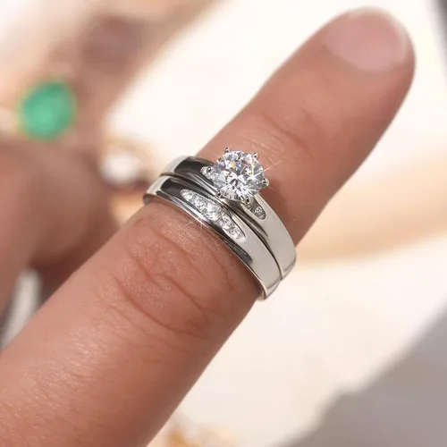 Miniatura 3 de Juego de anillos de boda solitarios de plata de ley con circonita blanca de 0.236 in (talla 5 a 10)